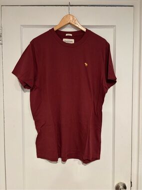 Abercrombie & Fitch Men's Maroon Short Sleeve Crew Tee with Gold Logo